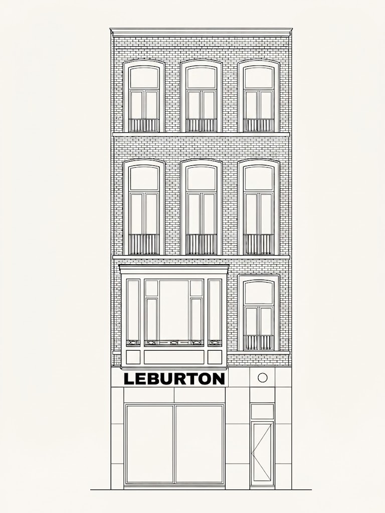 Façade de l'atelier LEBURTON, rue de la Madeleine à Liège, dessin au trait